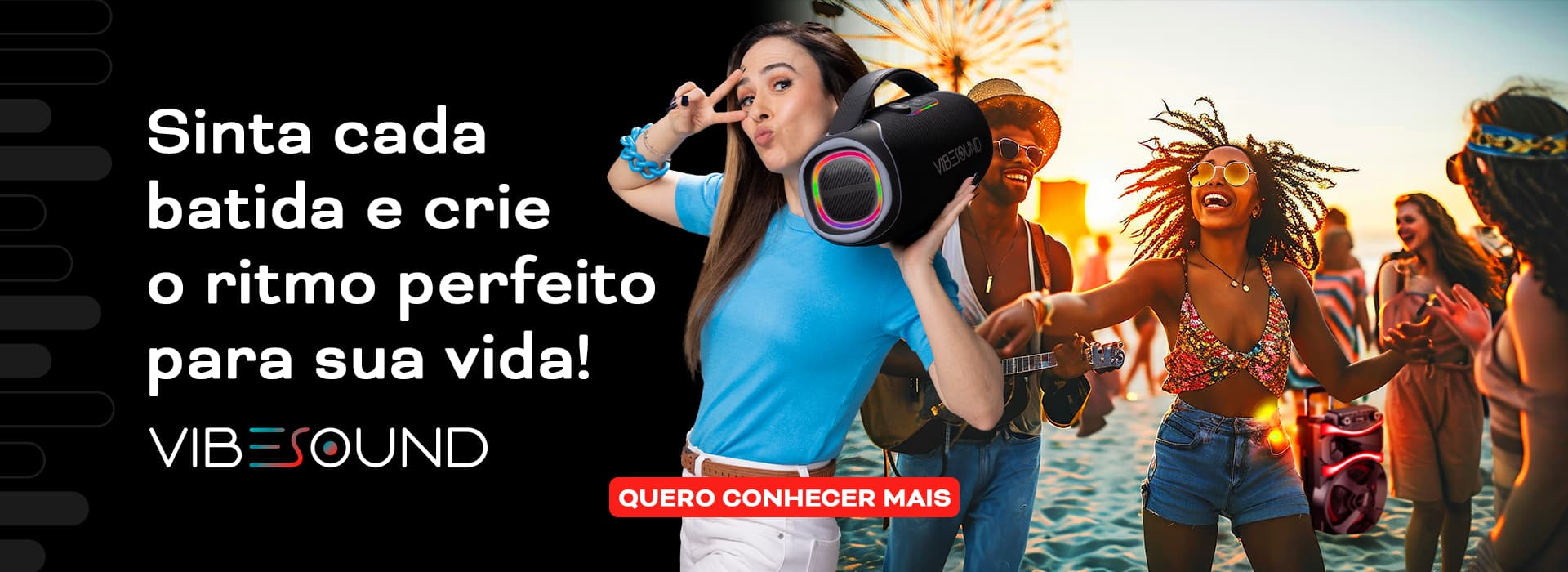 Tata Weneck segurando uma caixa de som ao lado de amigos curtindo uma festa