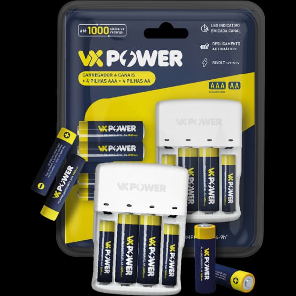 Produtos VX Power: Carregador 4 Canais + 4 Pilhas AA + 4 Pilhas AAA