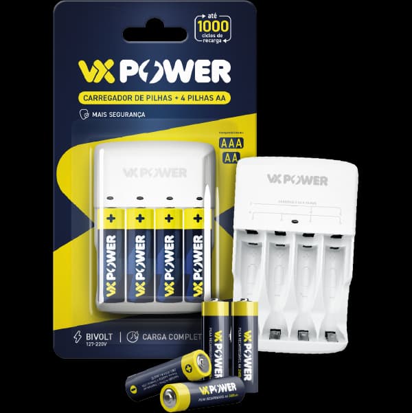 Produtos VX Power: Carregador de Pilhas + 4 Pilhas AA