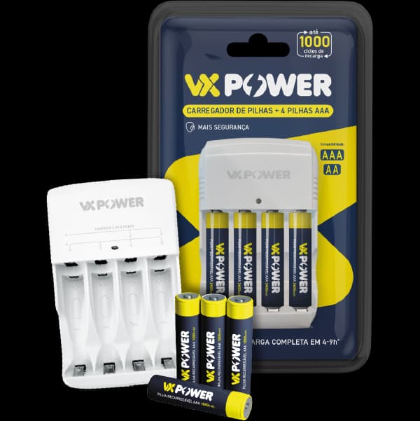 Produtos VX Power: Carregador de Pilhas + 4 Pilhas AAA