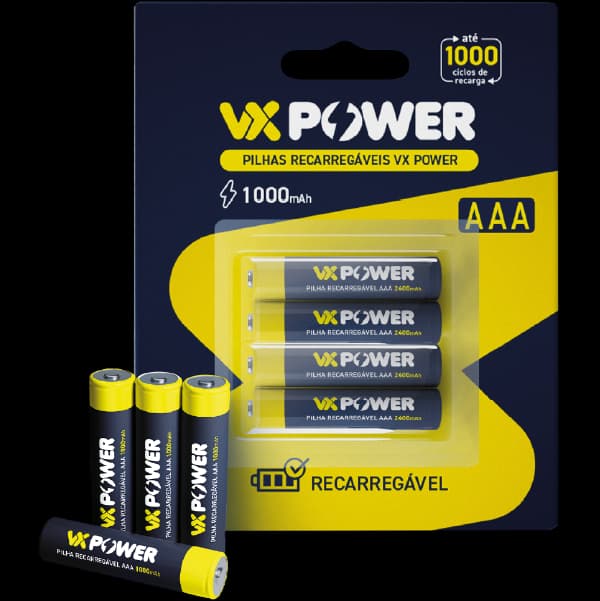 Produtos VX Power: Pilhas AAA com 4un Recarregáveis