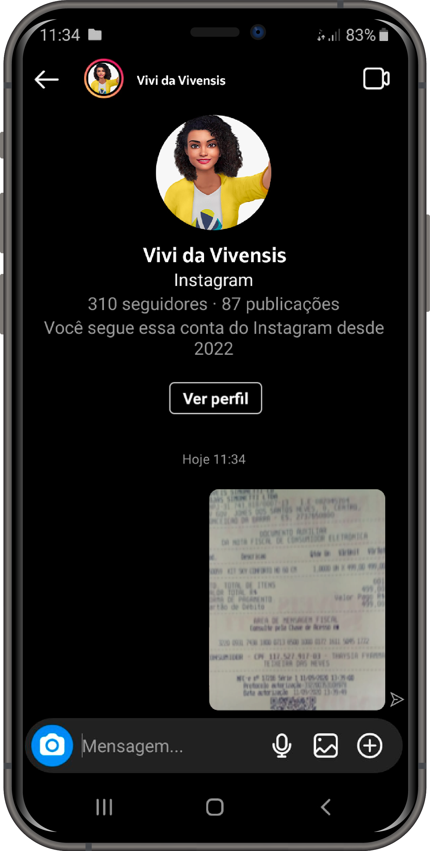 Print do direct com a Vivi da Vivensis no Instagram com a foto de uma nota fiscal enviada