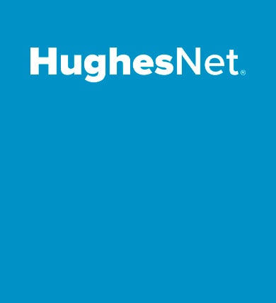 Logo HughsNet no fundo azul claro